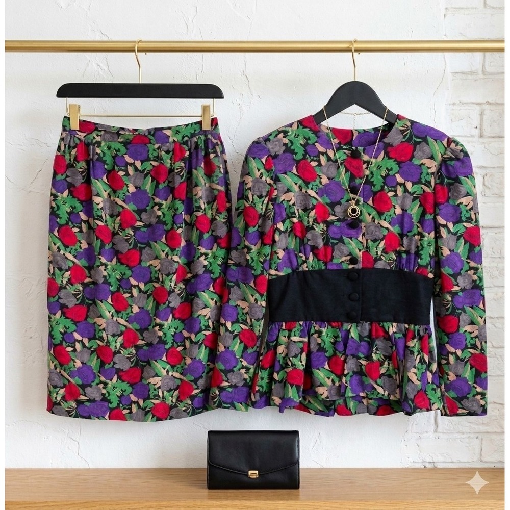 Vintage 80s Se Lah Skirt Suit 12‎ Bold Red Purple Floral Peplum Blazer 2 Piece